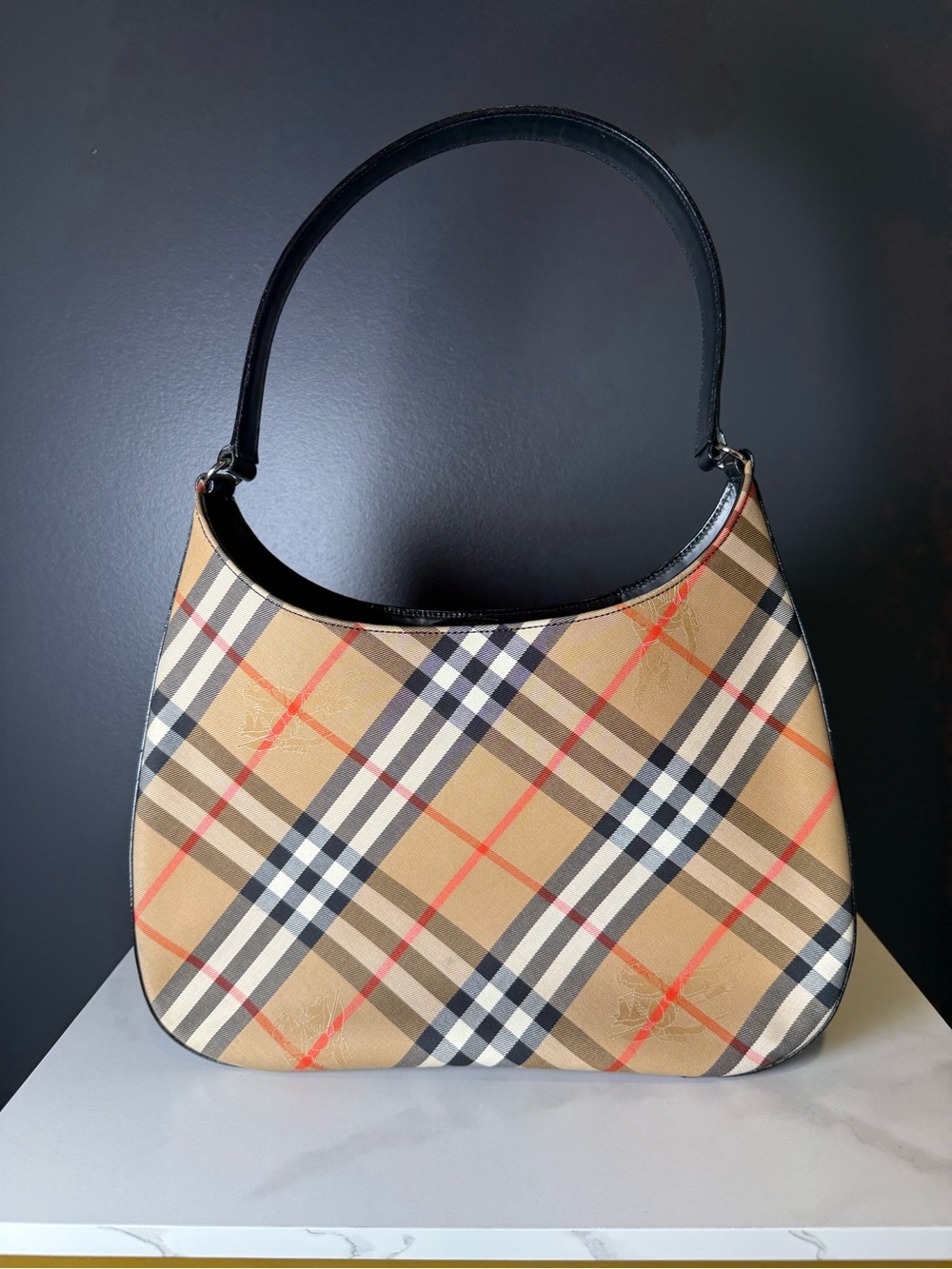 Burberry Tan Check Shoulder Bag with Black Strap